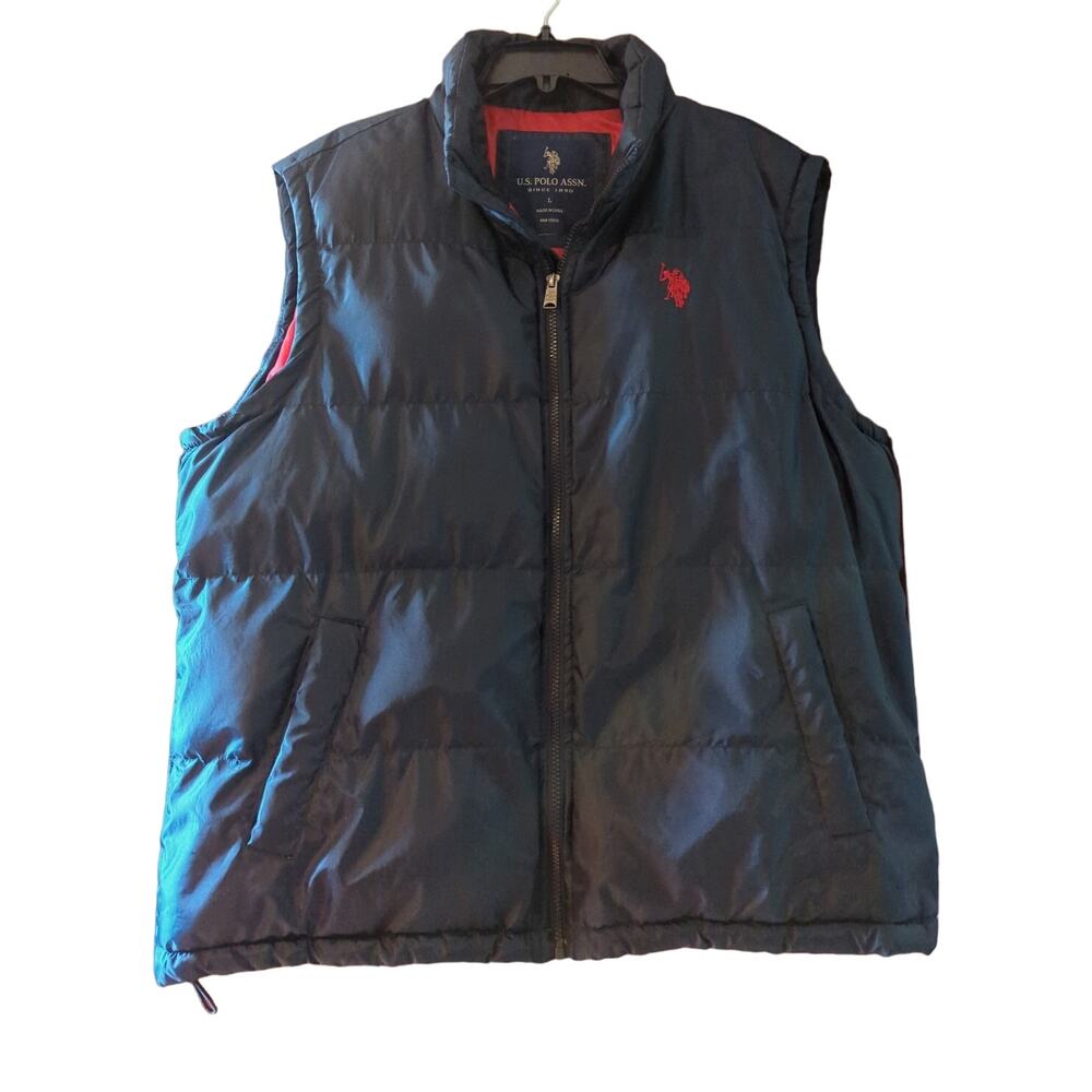 US Polo Assn Men's Navy Blue Puffer Vest with red accents adjustable waist Sz. L